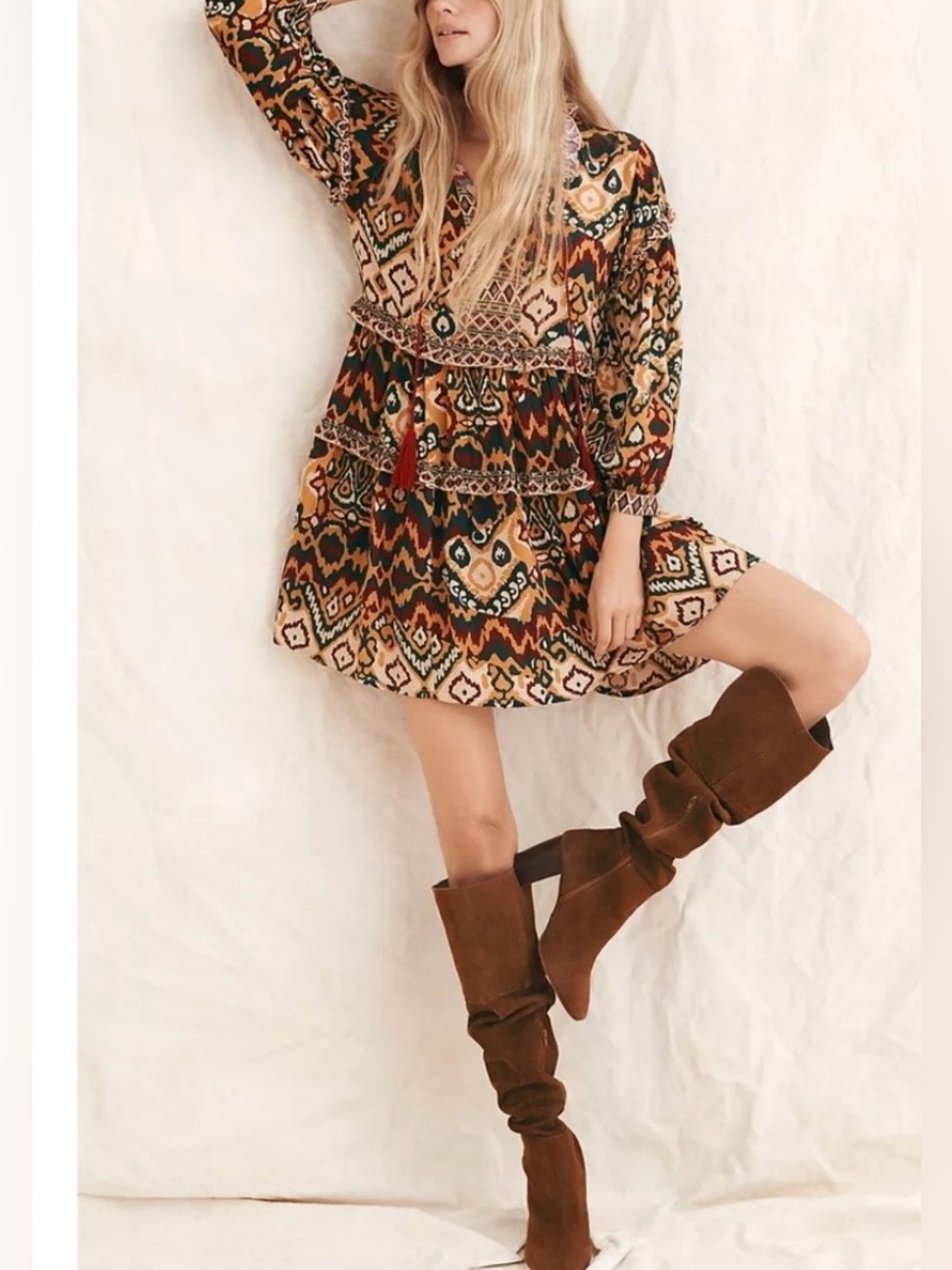 Anthropologie Women Boho Tribal Tiered Mini Dress Earth Tones Long Sleeve Small
